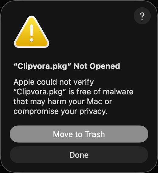 macOS warning shown when opening the Clipvora installer