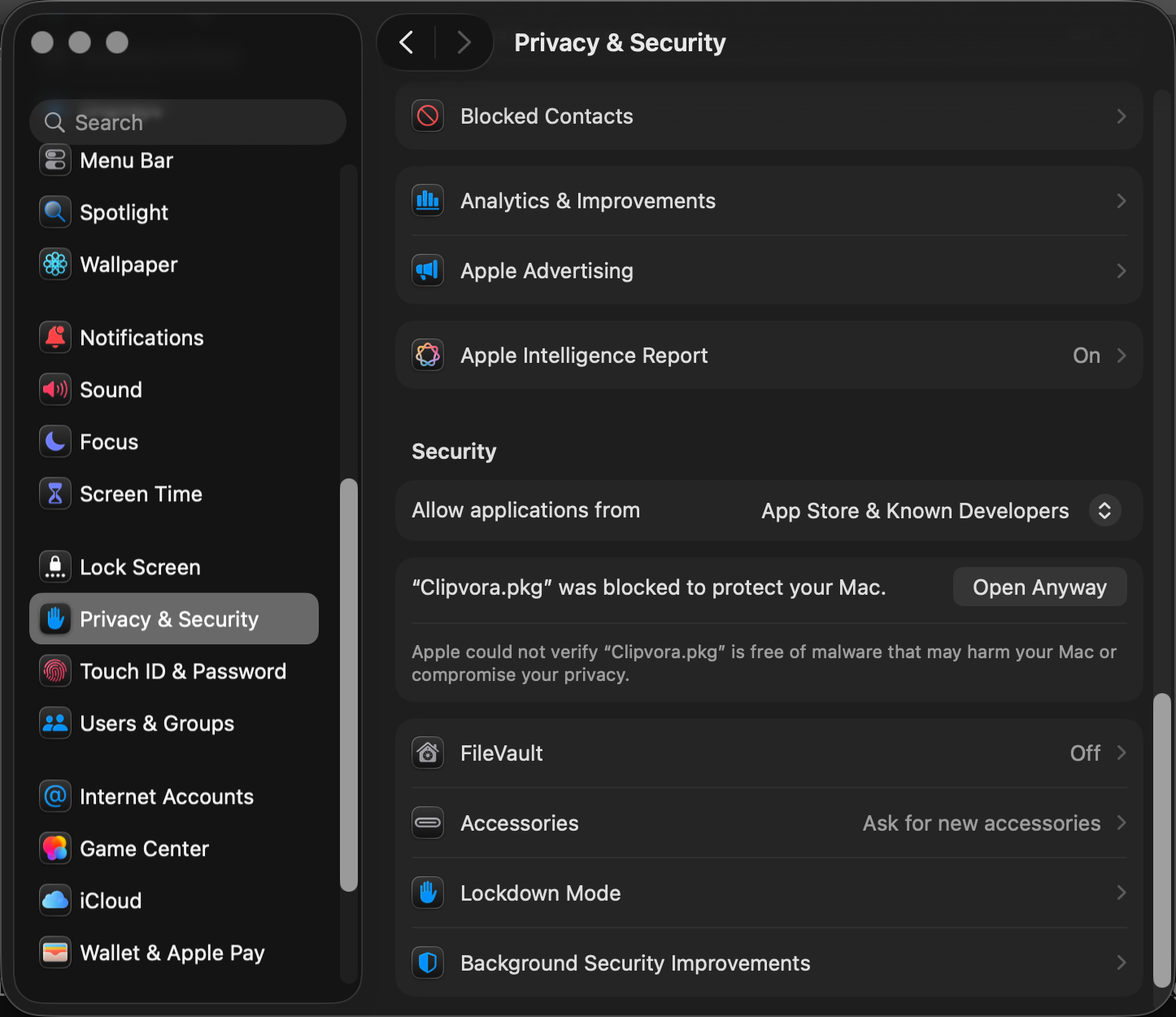 macOS security settings showing Open Anyway