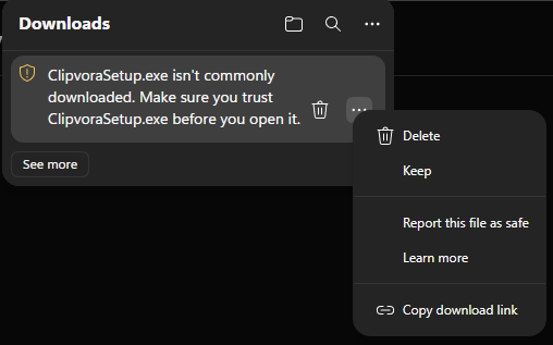 Microsoft Edge download warning with the options menu open