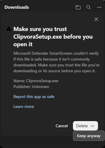 Microsoft Edge trust warning showing Keep anyway