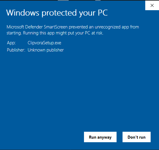Windows SmartScreen warning showing Run anyway